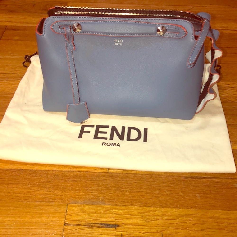 Fendi Blue Leather Shoulder Bag with Brown Trim